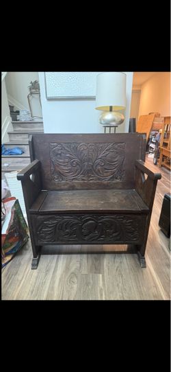 Vintage Carved Oak Monk’s Bench – Fold-Down Table & Storage – Tudor/Gothic Style