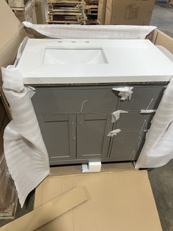 *Clearance* 36” Single Bathroom Vanity Cabinet Gray Speckled Quartz Countertop - Sink Offset Left