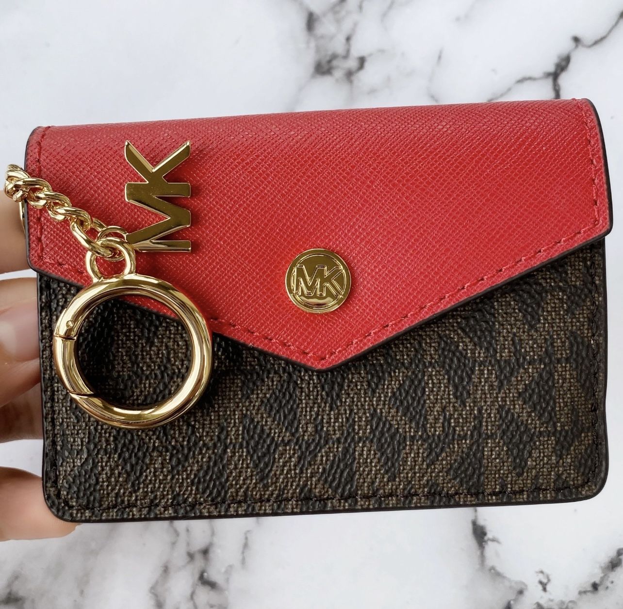 Michael Kors Kala Keychain Card Case Brown MK Signature PVC Leather Flame Red