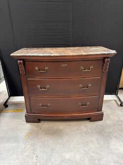 Thomasville Mahogany Wood Serpentine Three Drawer Chest with Marble Top