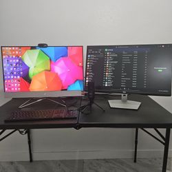27in HP All-In-One Desktop Computer + 27in Dell Monitor + 2 Smaller Monitors + Headset + New Keyboard + Microphone + Webcam + Table