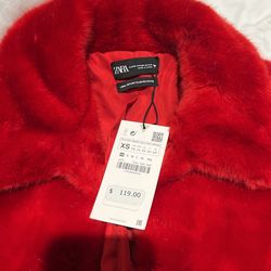 Zara red fur clearance coat