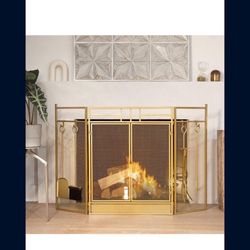 Barton 48" Fireplace Screen 3-Panel Folding Magnetic Doors with 4-Pieces Fire Place Tools Set Steel Fire Spark Guard, Gold  49