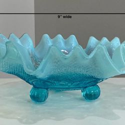 Vintage Northwood Blue Opaline Glass Ruffled Edge 3-Footed Bowl 