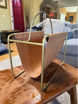 Vintage Mid Century Modern Magazine Rack Gold Metal Faux Leather Sling MCM