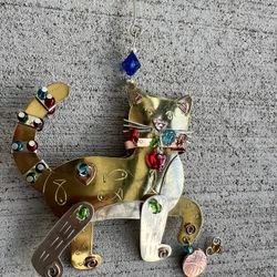 Vintage Handmade Metal Cat Ornament / Hanging Art – Mixed Metal & Beaded Design