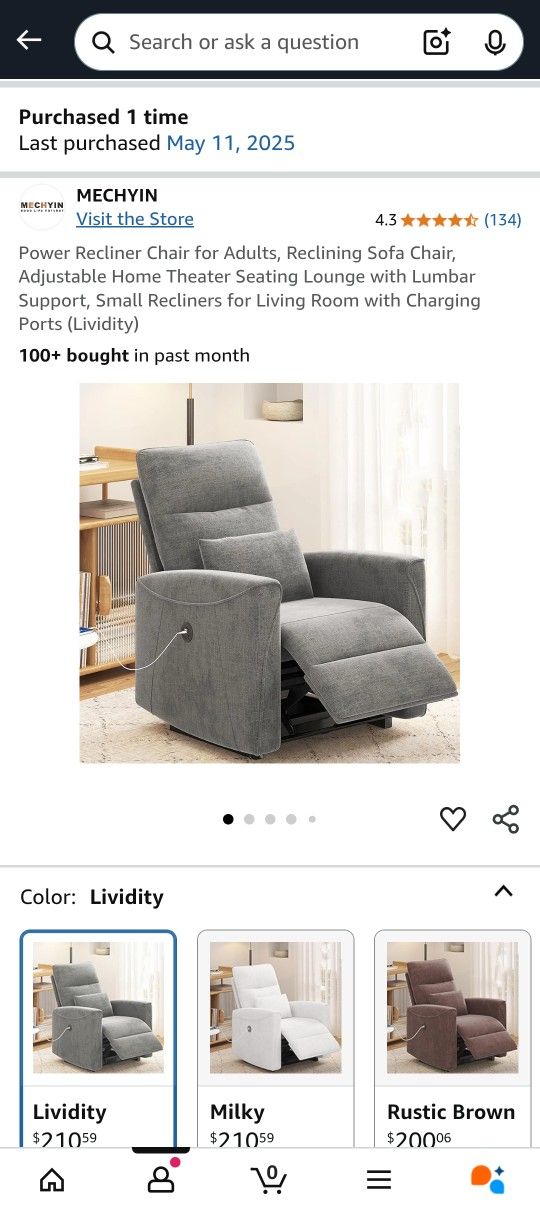 Grey Power Recliner, Charging Port and Lumbar Pillow