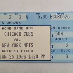 Chicago Cubs vs. New York Mets - Sunday June 26, 1988 Game Ticket that was not used.
