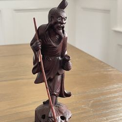 Japanese Asian Ironwood Sculpture of Fisherman, 1800s Vintage Wooden Carving
