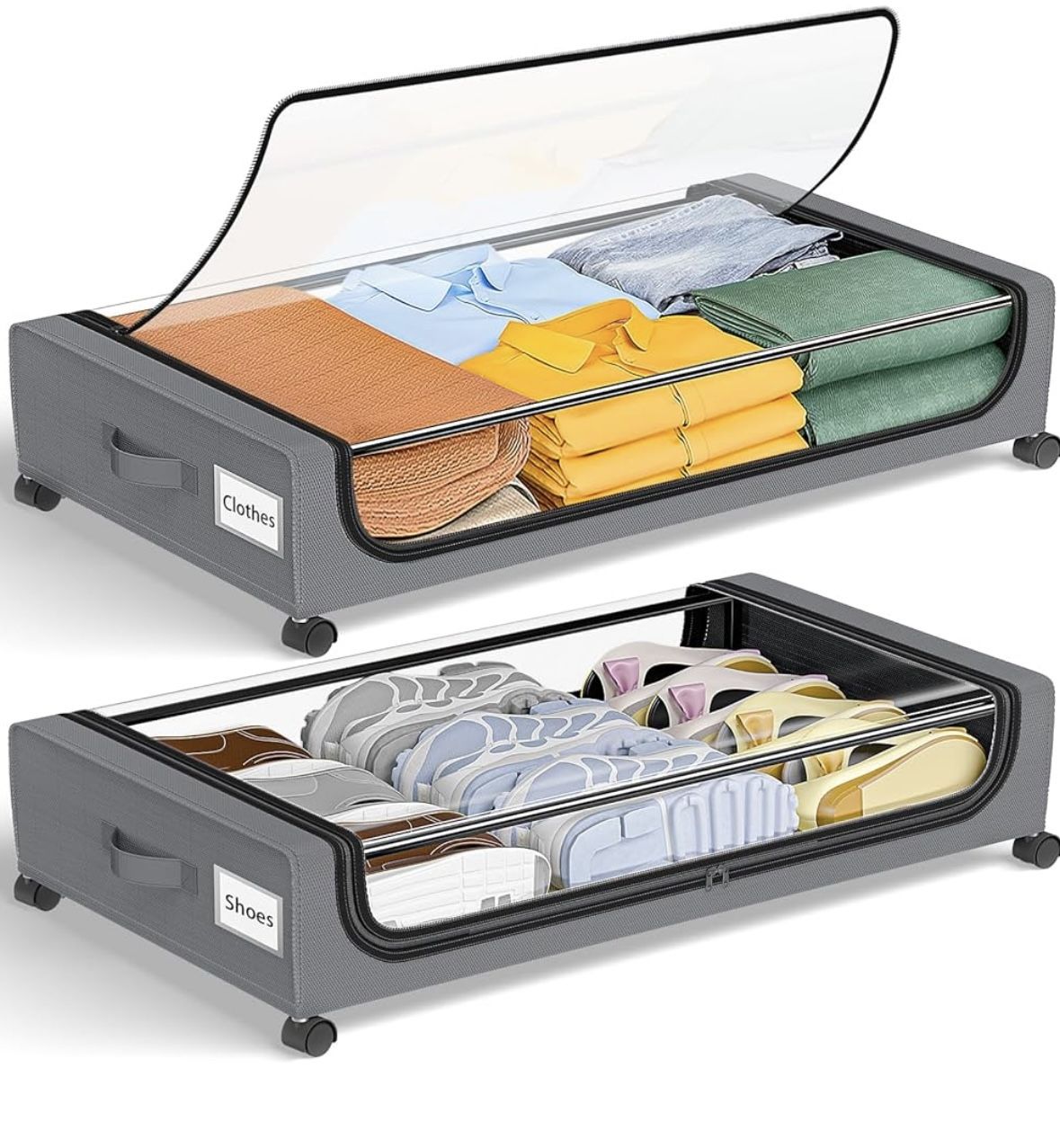 GoMaihe Under Bed Storage with Wheels: XXL Underbed Storage Containers with Lids - Rolling Bins for Shoes Clothes in Dorm Bedroom - Metal Drawers Easy