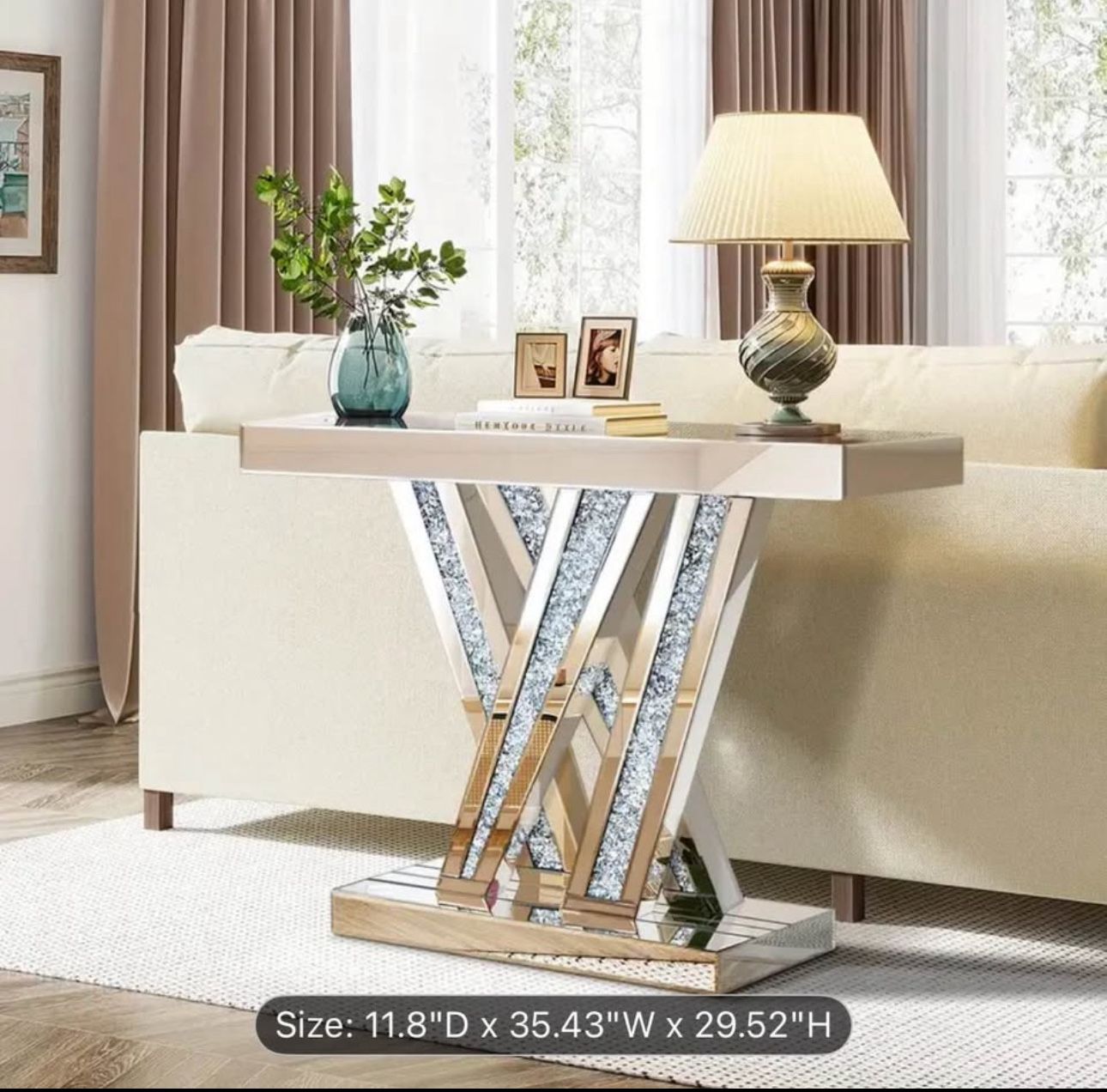Elegant Style W Silvery Entryway Table with Embedded Sparkling Crystals
