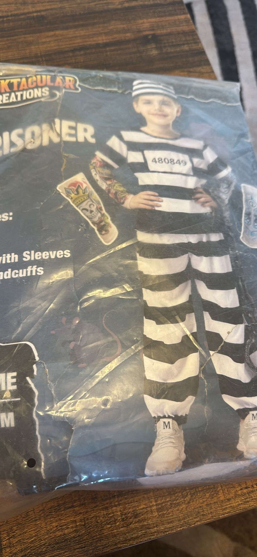 Jailbird Costume for Adults, black & white stripped prisoner jumpsuit outfit for Halloween