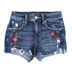 Women's American Eagle AE Stretch Dark Blue Floral Embroidered Shorts Size 0 