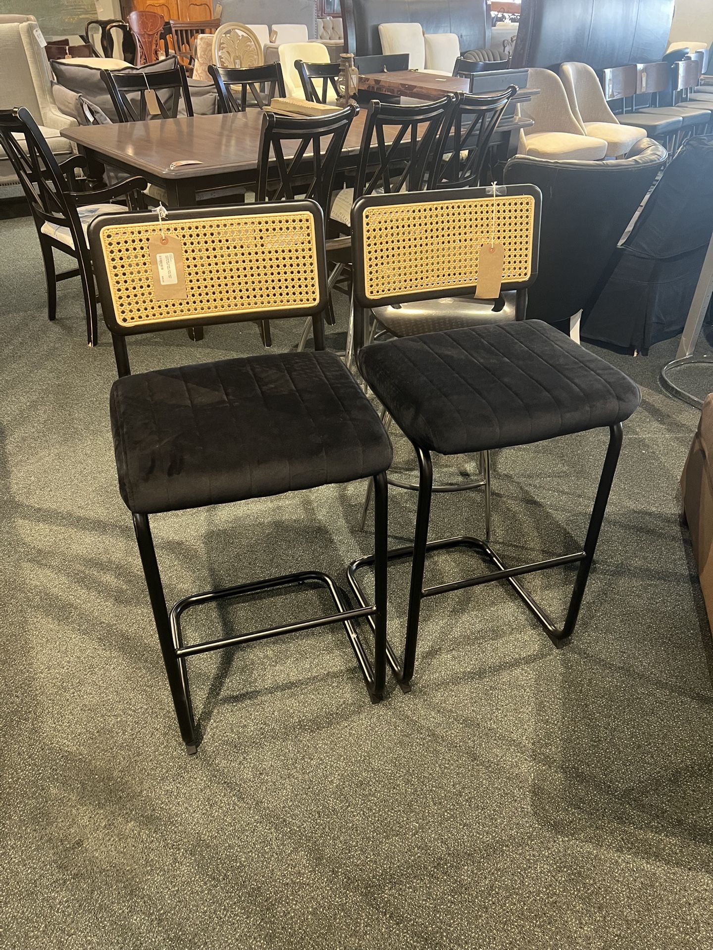 Bar Stool: Black Fabric Seat Bar Stool W/ Cane Back & Black Metal Legs SKU FAJ2A2