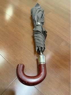 London Fog Gray Folding Umbrella with Brown Curved Wood Handle