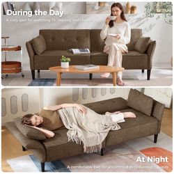 89” Futon Sofa Bed, Velvet Fabric Comfy Futon Couch Bed with 2 Square Pillows, Convertible Sleeper Sofa with Adjustable Backrest& Armrests, Modern Lov