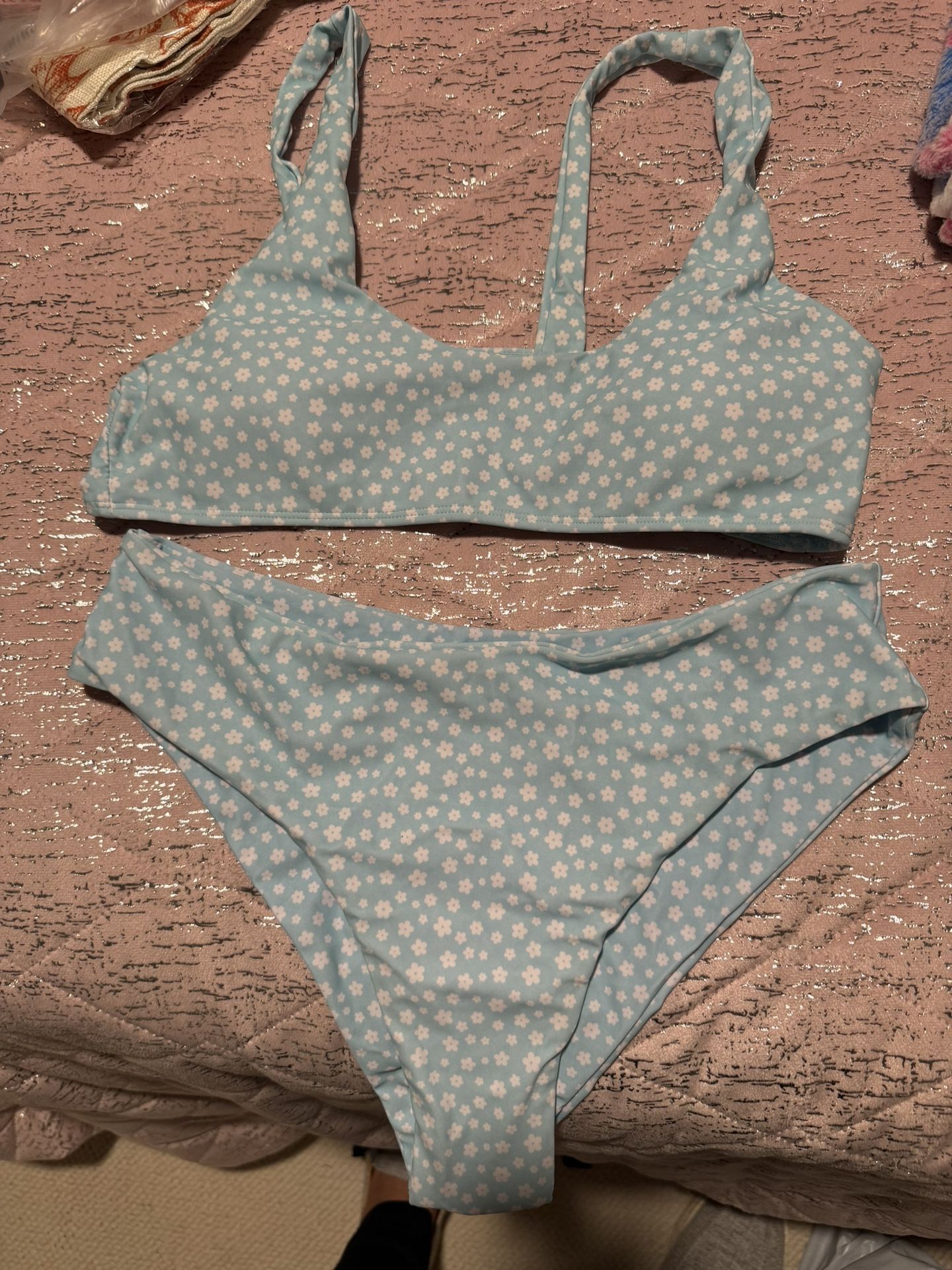 Ditsy Floral Scoop Neck 2 Piece Bikini Swimsuit, Stretchy High Cut Stylish Bathing Suit For Beach Pool, Women's Swimwear & Clothing