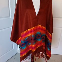 Women's Poncho Andean Pattern New, Reversible, Red Black Sides