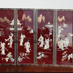Chinese Wall Panels Red Lacquer & Mother Of Pearl 