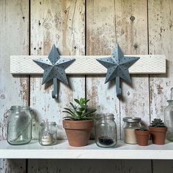One Of A Kind Hand Made Rustic Wall Accent With Two Tin Metal Barn Star Hooks 