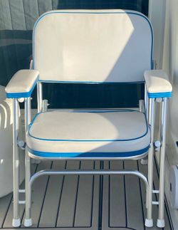 Twin Wise Folding Boat Deck Chairs White/Blue with Padded Armrests. 90 days old