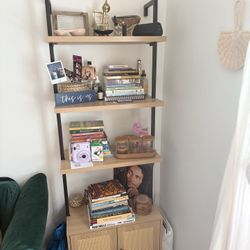 Airynee Ladder Bookshelf, 4 Tier Book Shelf with Rattan Cabinet