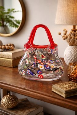 Vintage 1960s Murano-Style Glass Purse Vase Millefiori Flowers, Signed, 8.25”