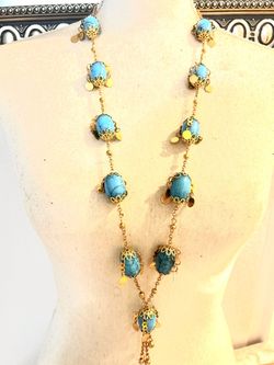 Long Gold Chain Necklace with Turquoise Stone Stations