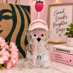 Starbucks Clear Bear Tumbler with Strawberry Straw Topper – Brand New 🍓🐻