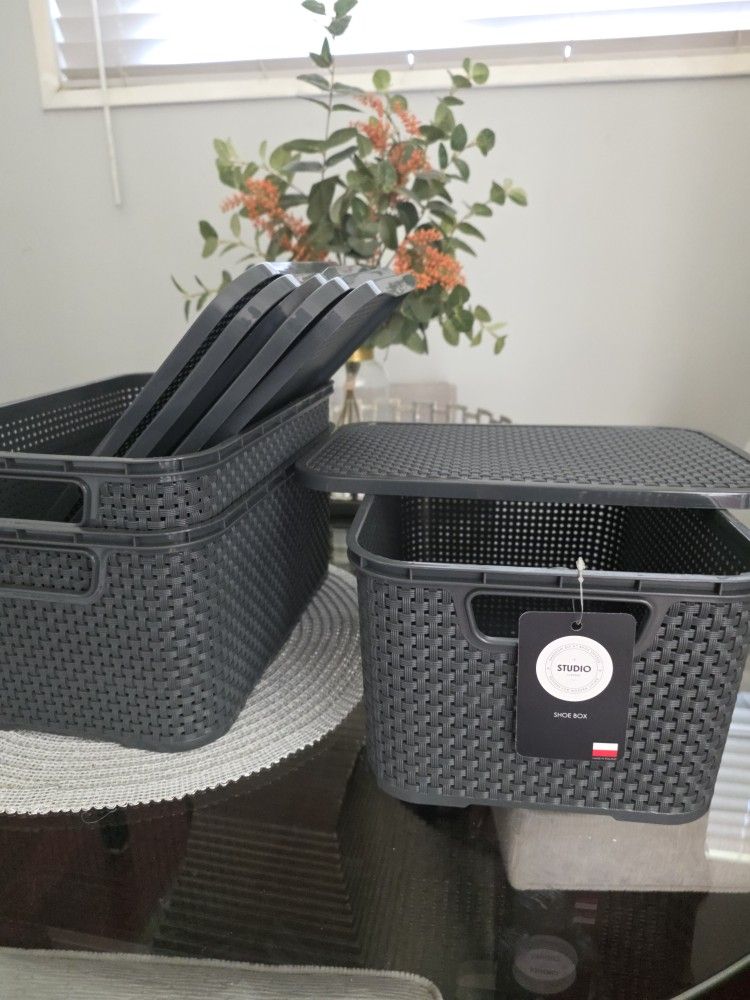 Gray woven basket texture high quality tote makeup shoe container box lid storage