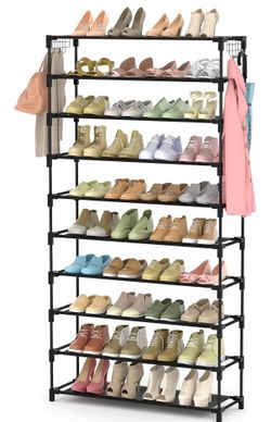 10 Tiers Shoe Rack 50 Pairs Large Capacity Tall Shoe Organizer Sturdy Shoe Storage with Two Hooks Space Saving Metal Wide Shoe Rack for Closet, Entryw