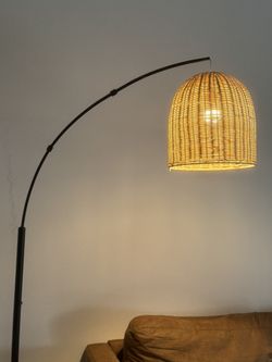 Black Arc Floor Lamp with Rattan Shade