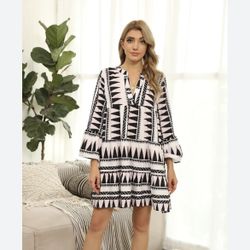 FS Collection Aztec Smock Tunic Mini Dress In Black, Small