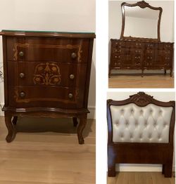 Gorgeous classic but modern Italian bedroom set includes pair of headboards nightstand and dresser with mirror