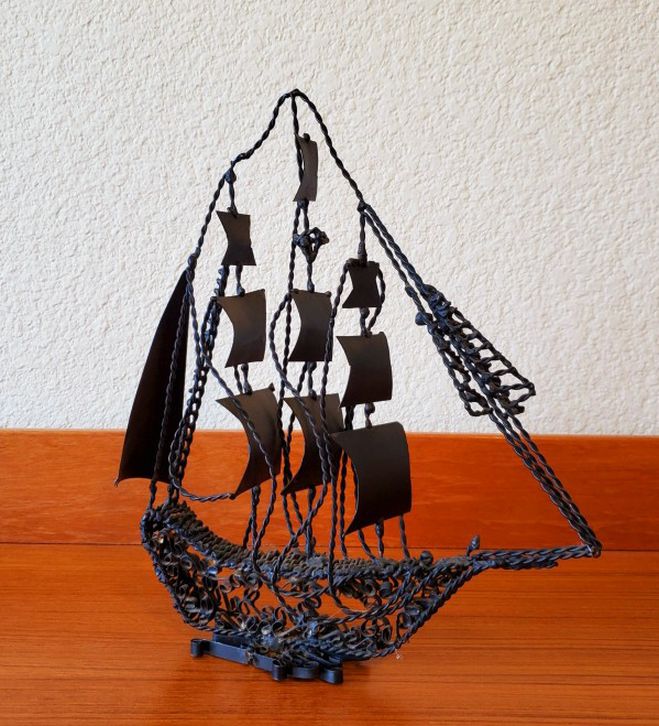Vintage Mid-Century Metal Wire Craft Sailboat Sculpture