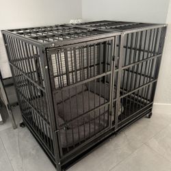 54 Inch Heavy Duty Dog Crate Cage with Wheels, Indestructible and Escape Proof Steel Kennel Indoor with Sturdy Locks, Double Door and Tray