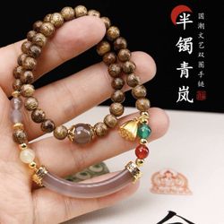 Exquisite 6mm Lotus Seed Pod Double Circle Women's Bracelet Agate Half Bangle Agarwood Bracelet