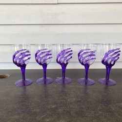 HALLOWEEN SKELETON HAND Acrylic Wine Glass Set of 5 Cups Purple Plastic