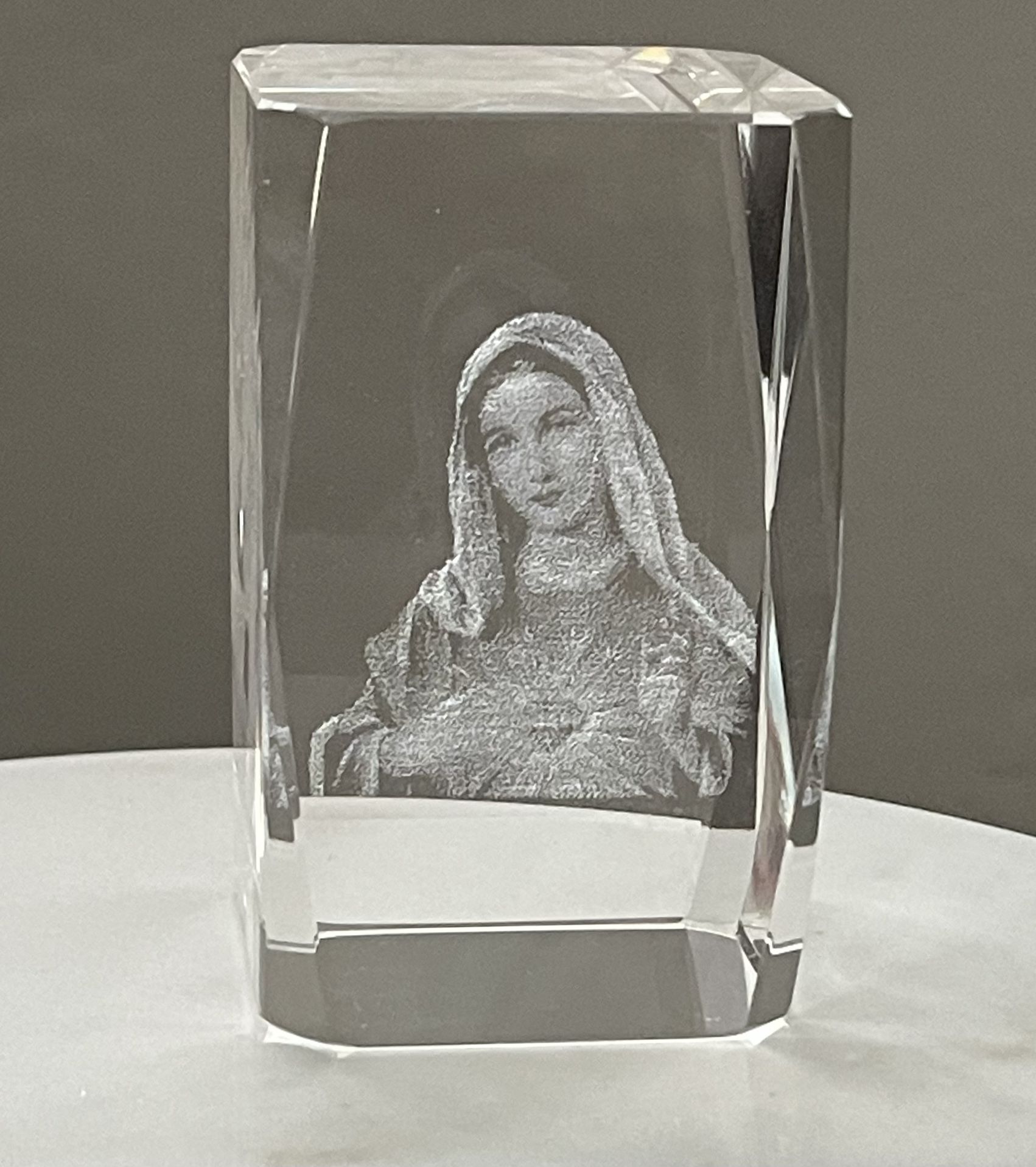 Laser Etched 3D Virgin Mary Immaculate Heart of Mary Crystal Clear Glass Cube