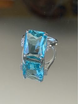 New Silver Tone Aquamarine Emerald Cut with CZ accents cocktail ring 6,7,8,9,10