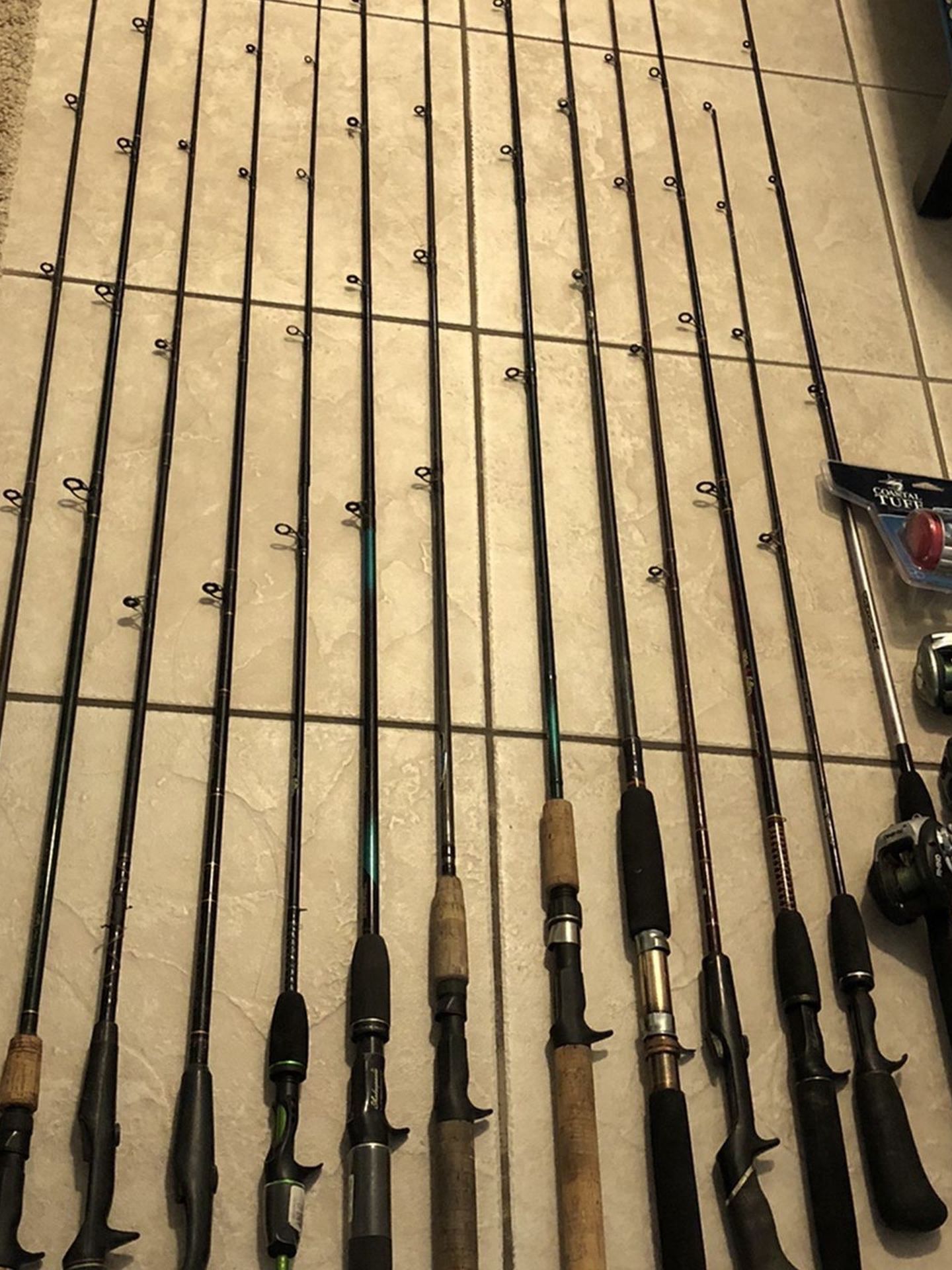 13 Baitcast Fishing Rods & 4 Reels 