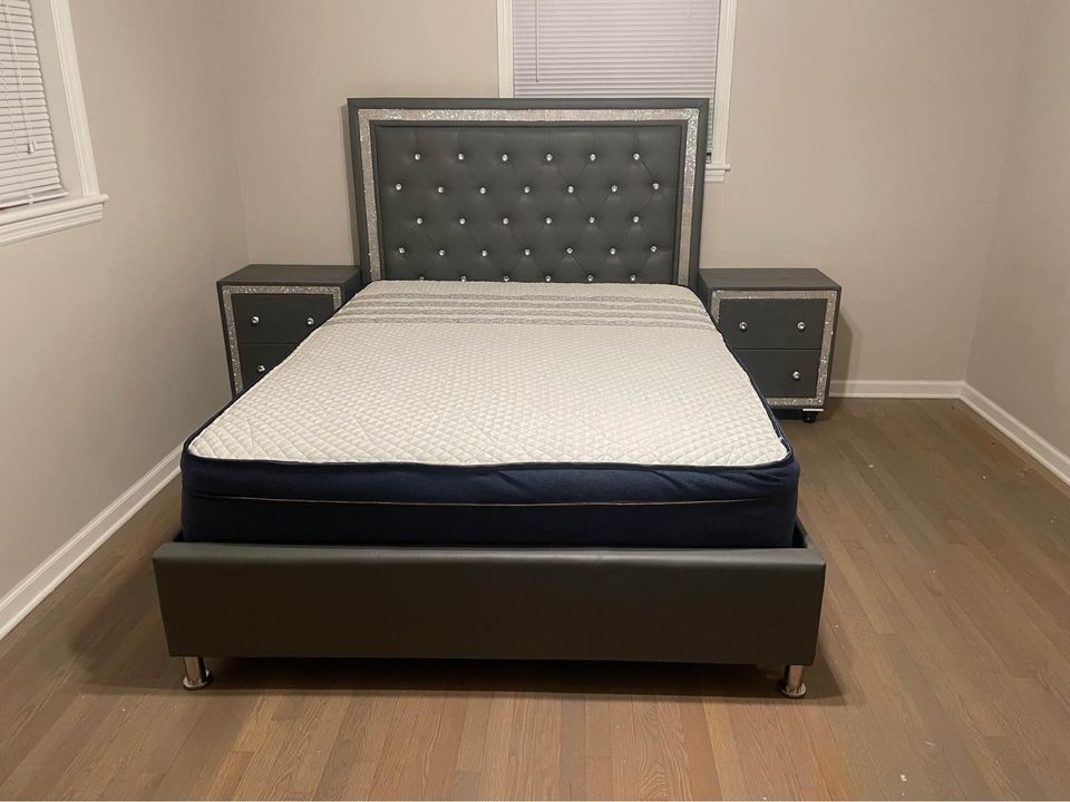 Brand New Grey Diamond Tufted King And Queen Size Bed Frame - Mattress + Box Spring