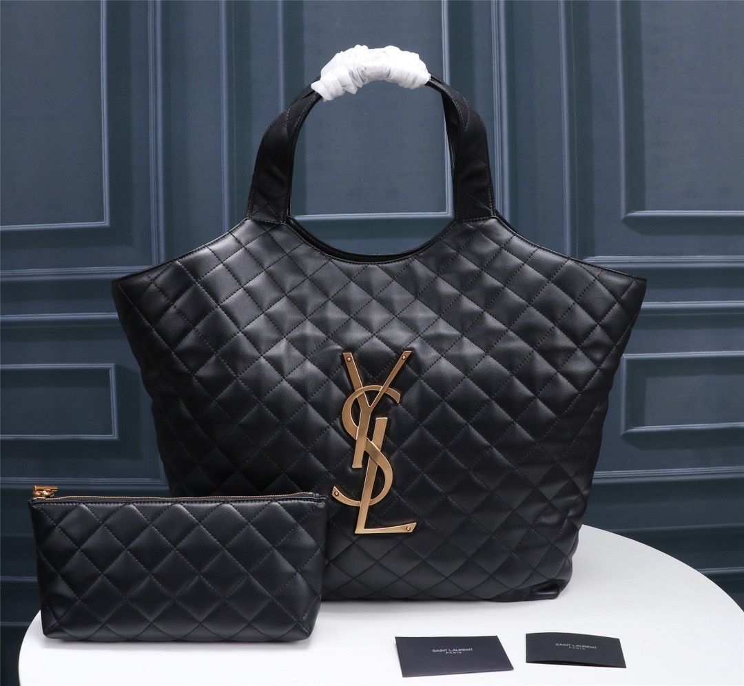 SAINT LAURENT Lambskin Quilted Maxi Icare Shopping Tote Black 58x47x61x8cm
