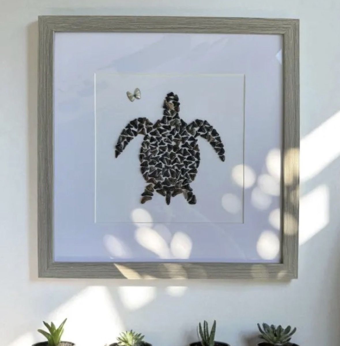 Fossilized Shark Tooth Sea Turtle Wall Art: Handmade Coastal Wall Decor