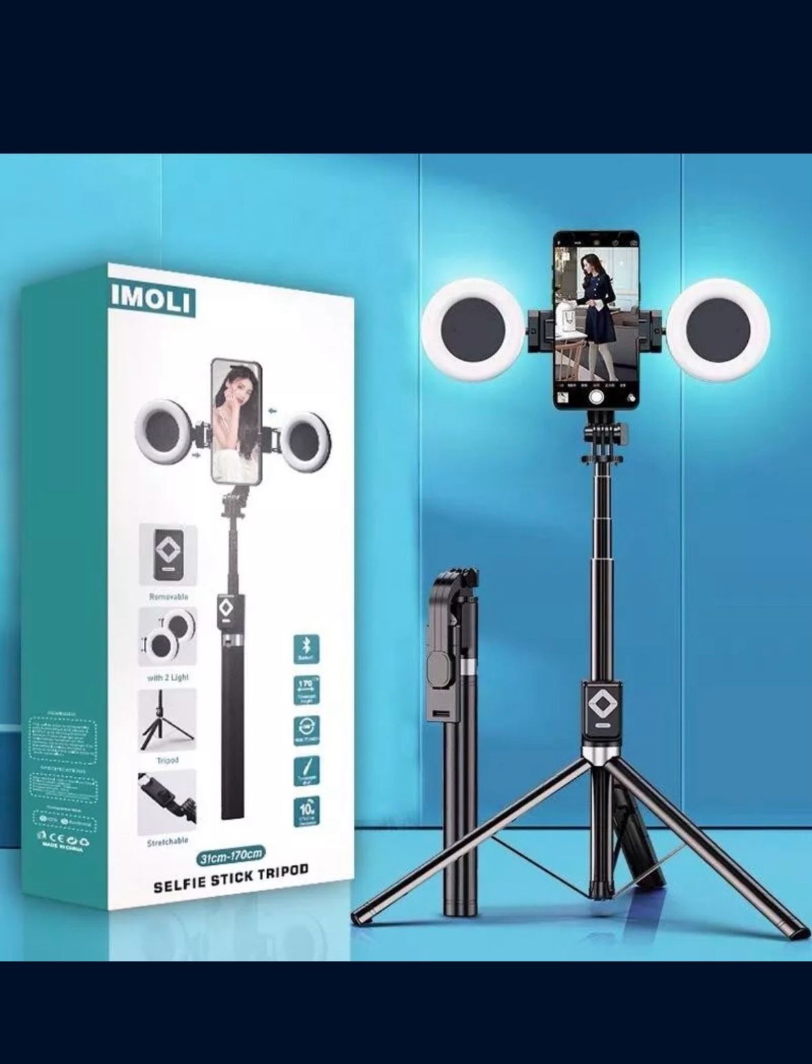 IMOLI BLACK 12-67" TELESCOPING SELFIE STICK TRIPOD W/ 2 MINI RING LIGHTS