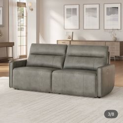 Gray Leather Power Recliner Sofa