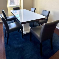 Scandinavian Designs Svante Dining Table + 6 CB2 Lowe Leather Chairs -  Complete Set