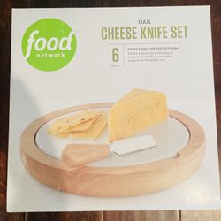 Food Network 6 Piece Oak Cheese Knife Set; Ceramic Plate and Dishwasher Safe; Perfect for Showcasing an Array of Cheeses