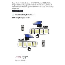 Brand new Solar Motion Lights Outdoor - With 16.4ft Cable, 3000LM Ultra-Bright LED Security Lights for Outside Dusk to Dawn, 2400mAh IP65 Waterproof F