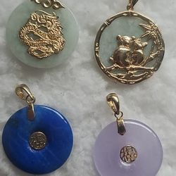 14k Gold Lavender Jade, Green Jade, Lapis Pendants. 